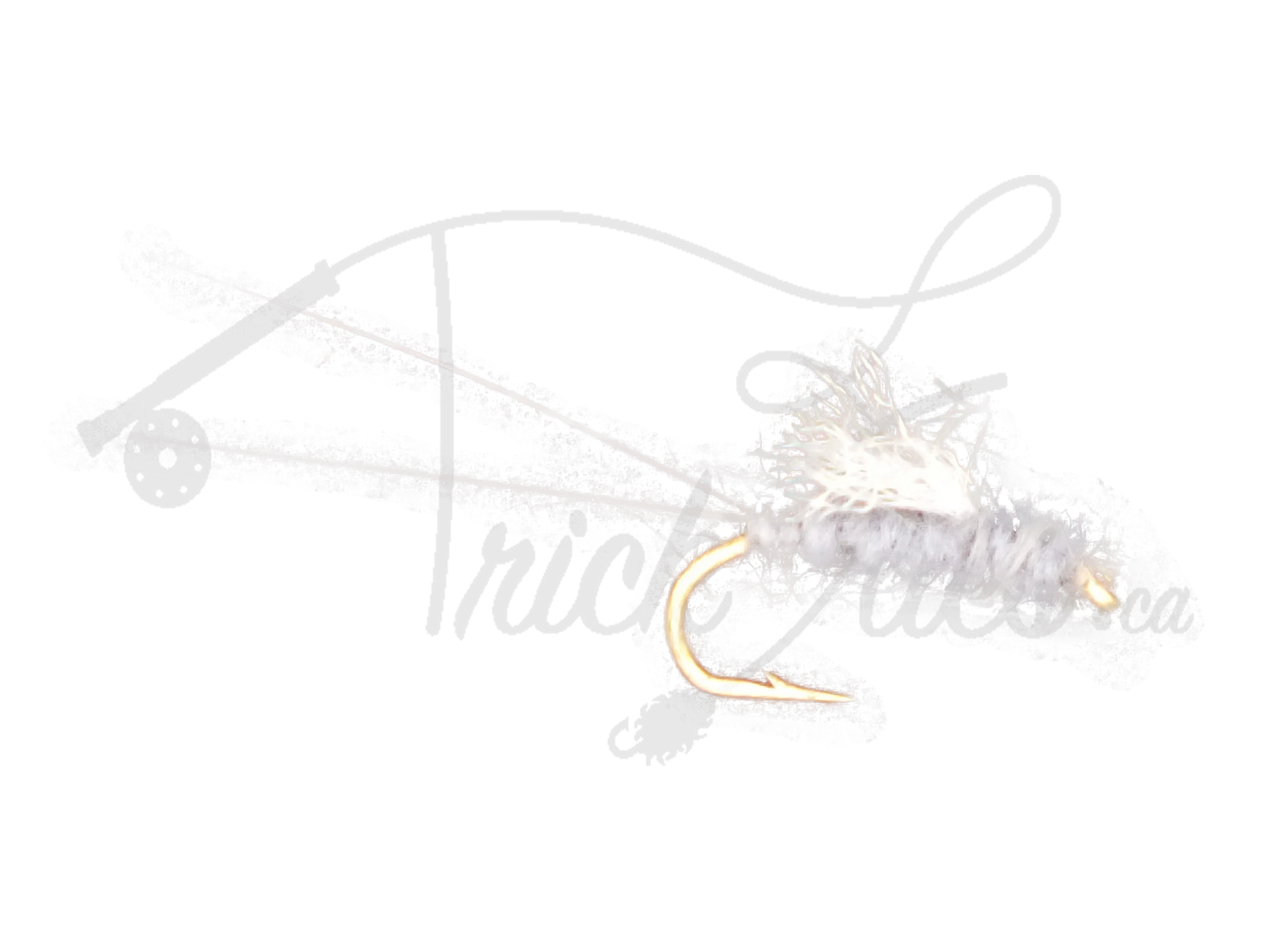 Gray RS2 fly fishing lure with white feather detail and gold hook on white background