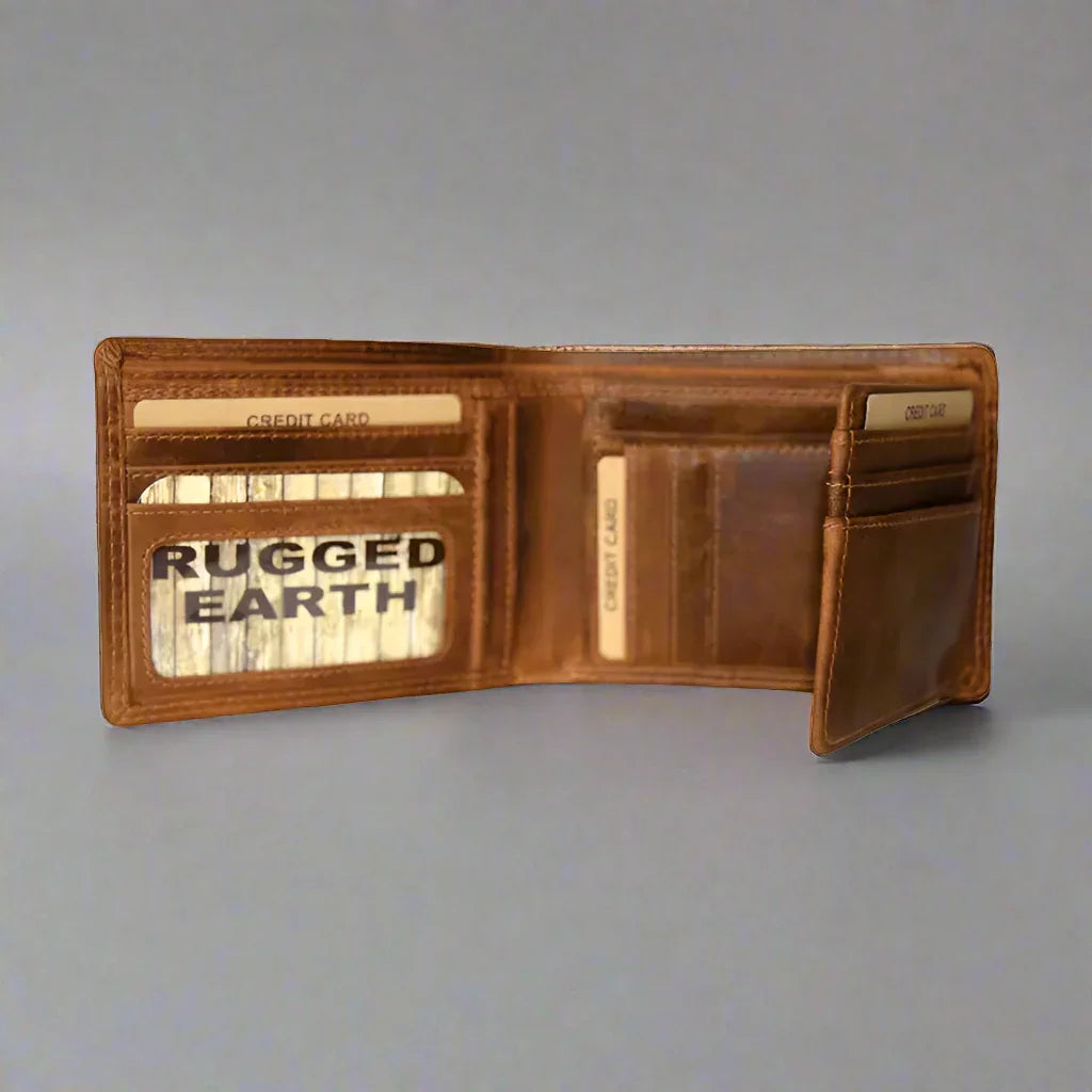 Brown Rugged Earth men's bifold leather wallet with card slots on gray background