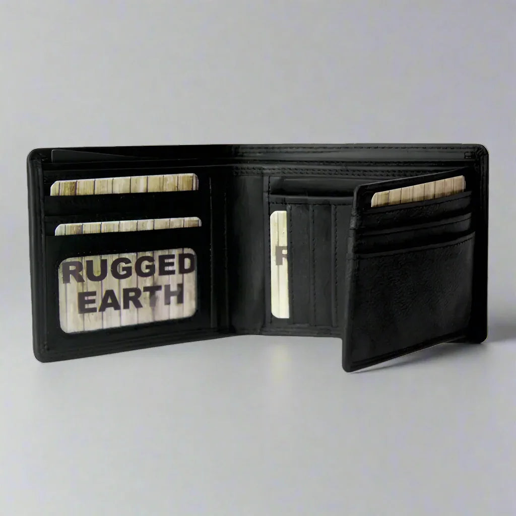 Black bifold Rugged Earth men's leather wallet open with multiple card slots