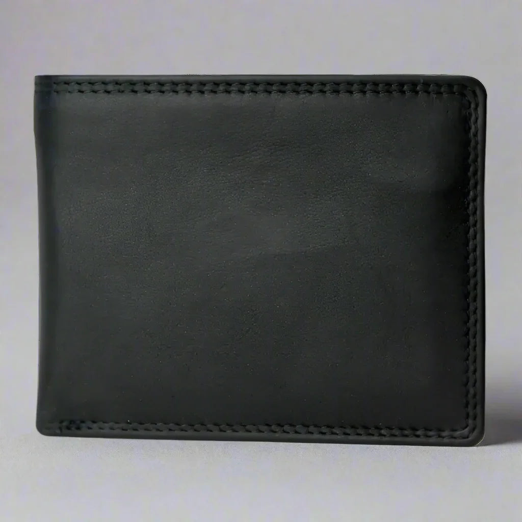 Rugged Earth men's bifold leather wallet in dark brown on a light background