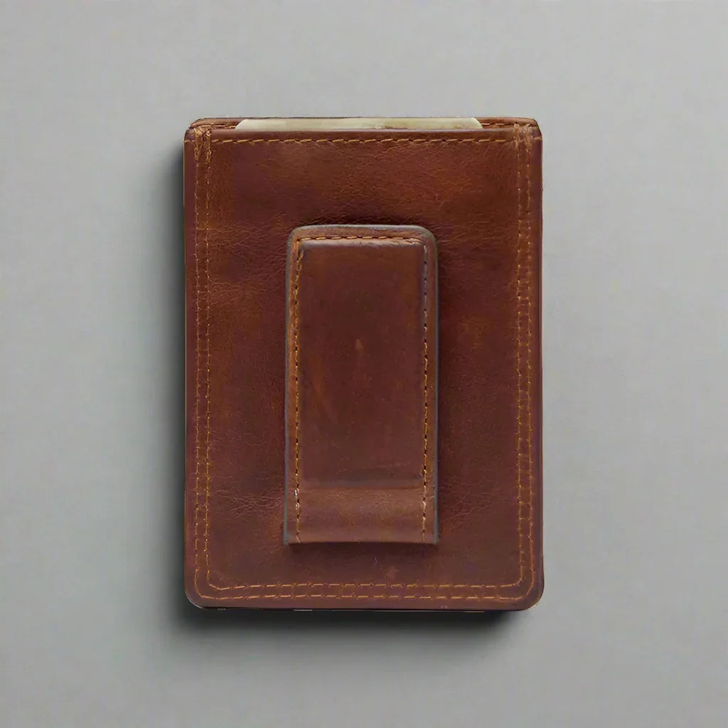 Brown leather men's money clip wallet on gray background