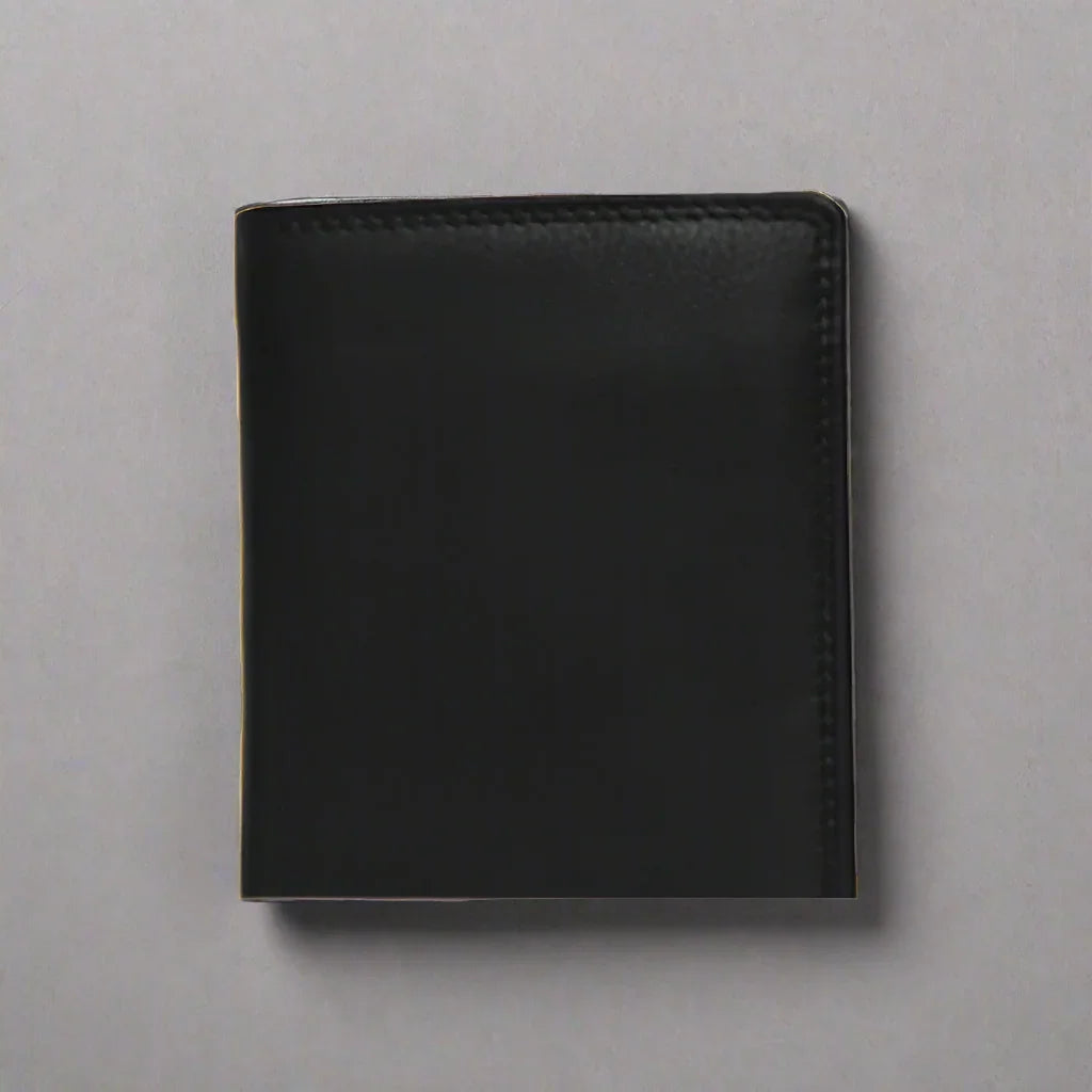 Men's black leather wallet with coin pocket on a plain background