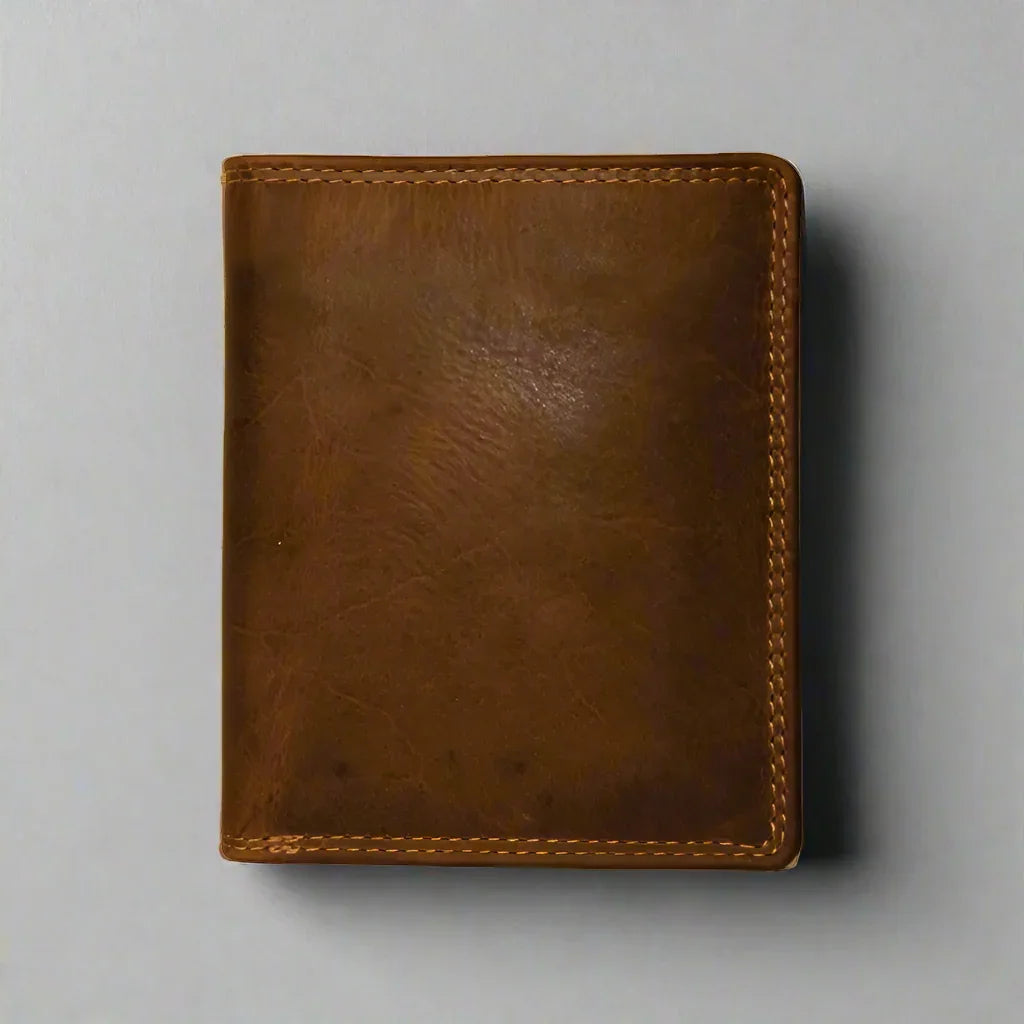 Brown men's leather wallet with visible stitching on light background.