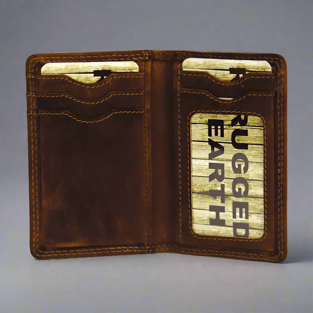 Rugged Earth men's brown leather credit card wallet open on grey background