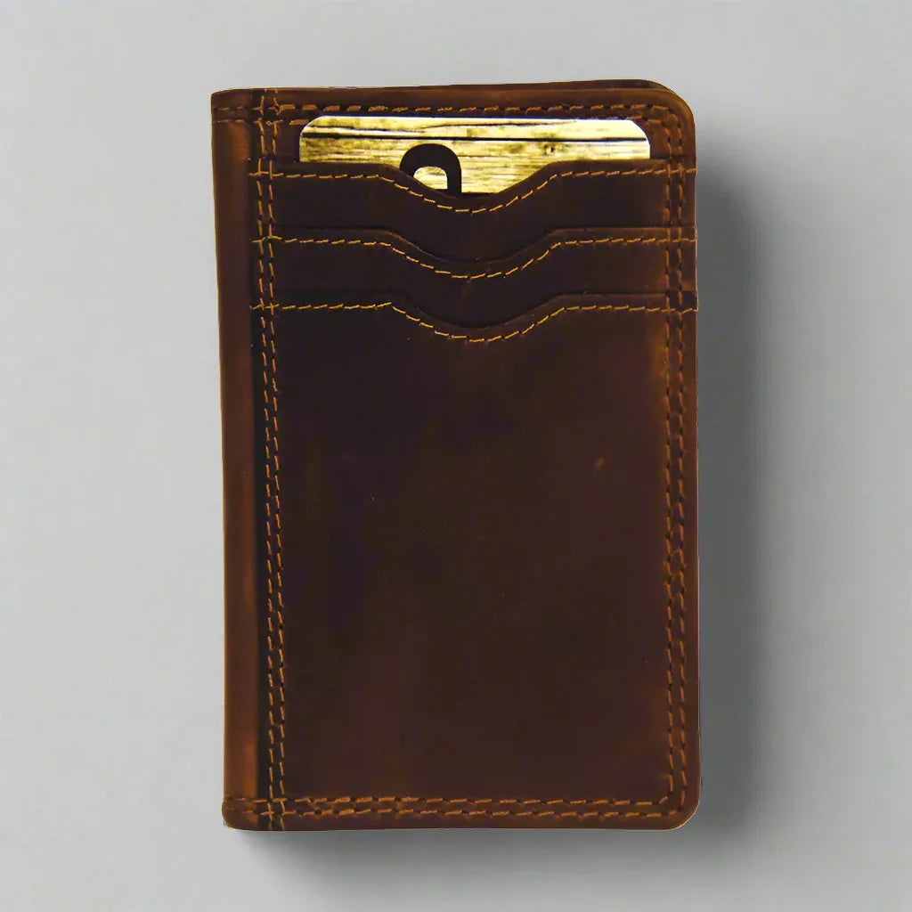 Brown leather men's small credit card wallet with visible yellow stitching