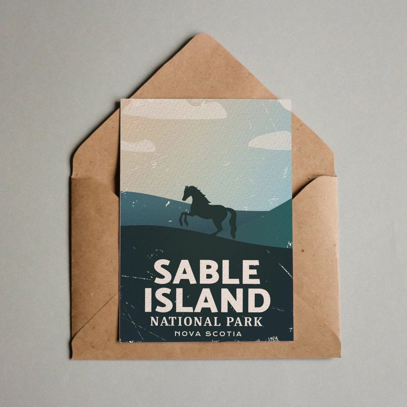 Sable Island National Park Nova Scotia postcard with horse silhouette on hills in envelope