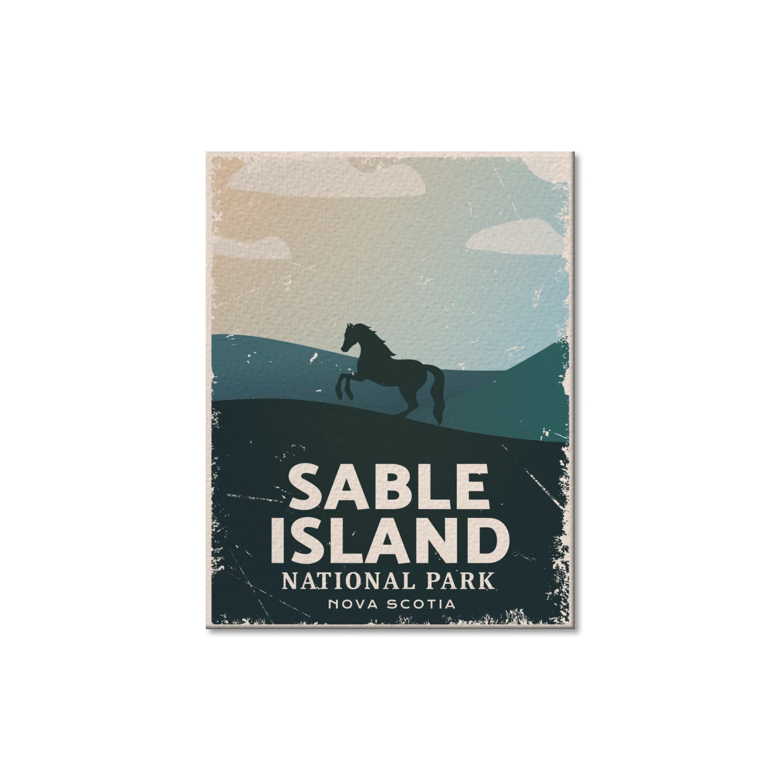 Sable Island National Park Nova Scotia postcard with horse silhouette and rolling hills.