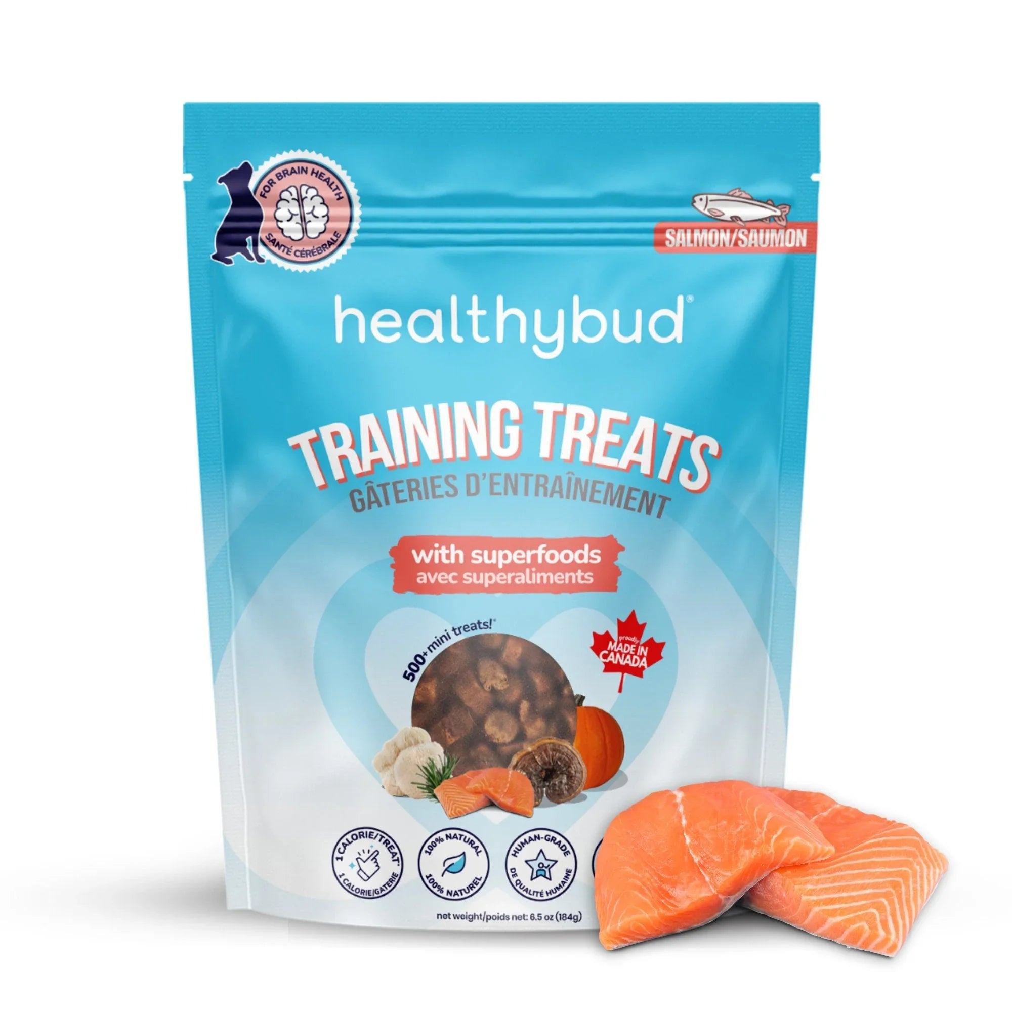 Healthybud salmon mini training treats bag with salmon slices, superfoods, and Canada label