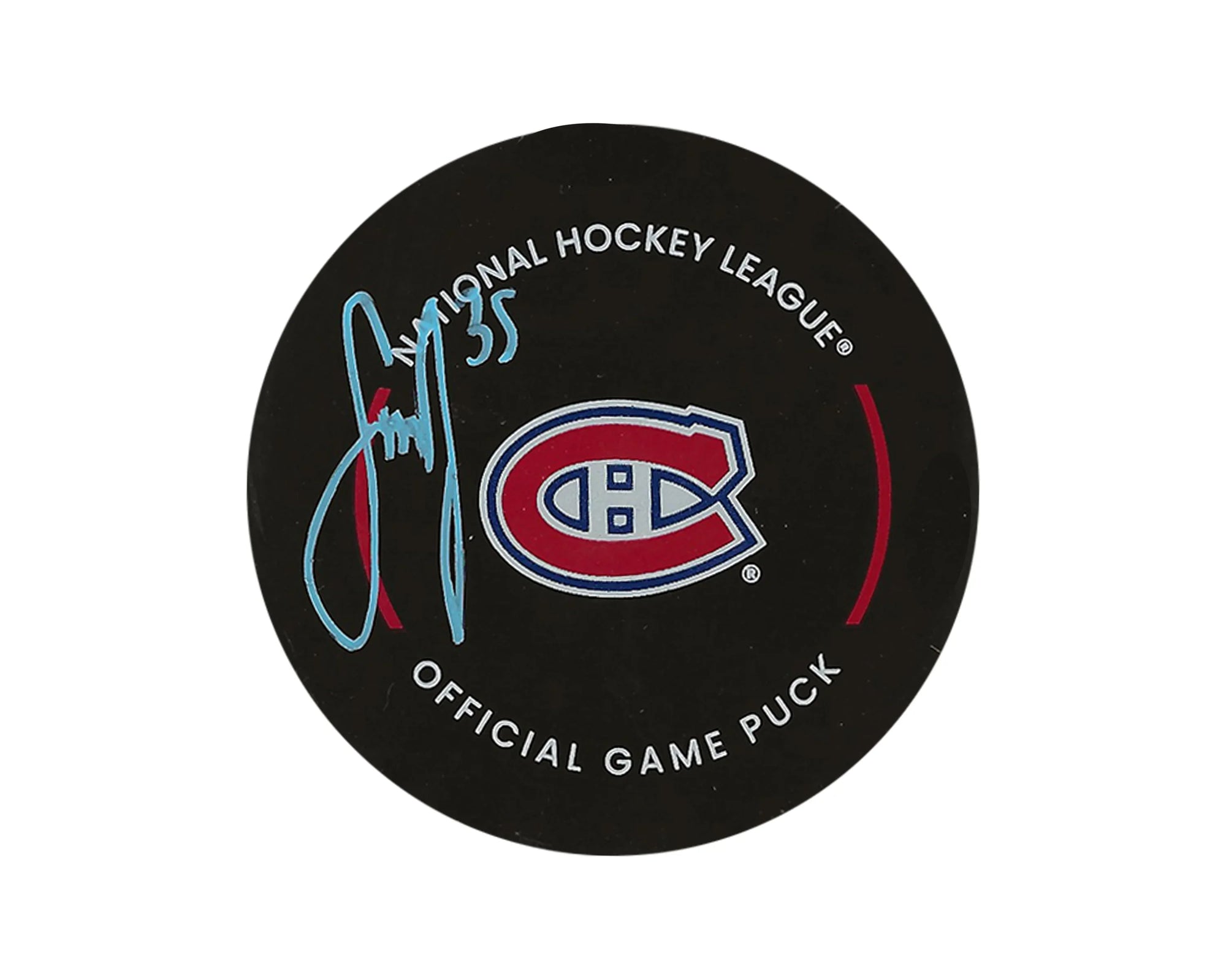 Montreal Canadiens signed NHL official game puck with team logo and autograph.