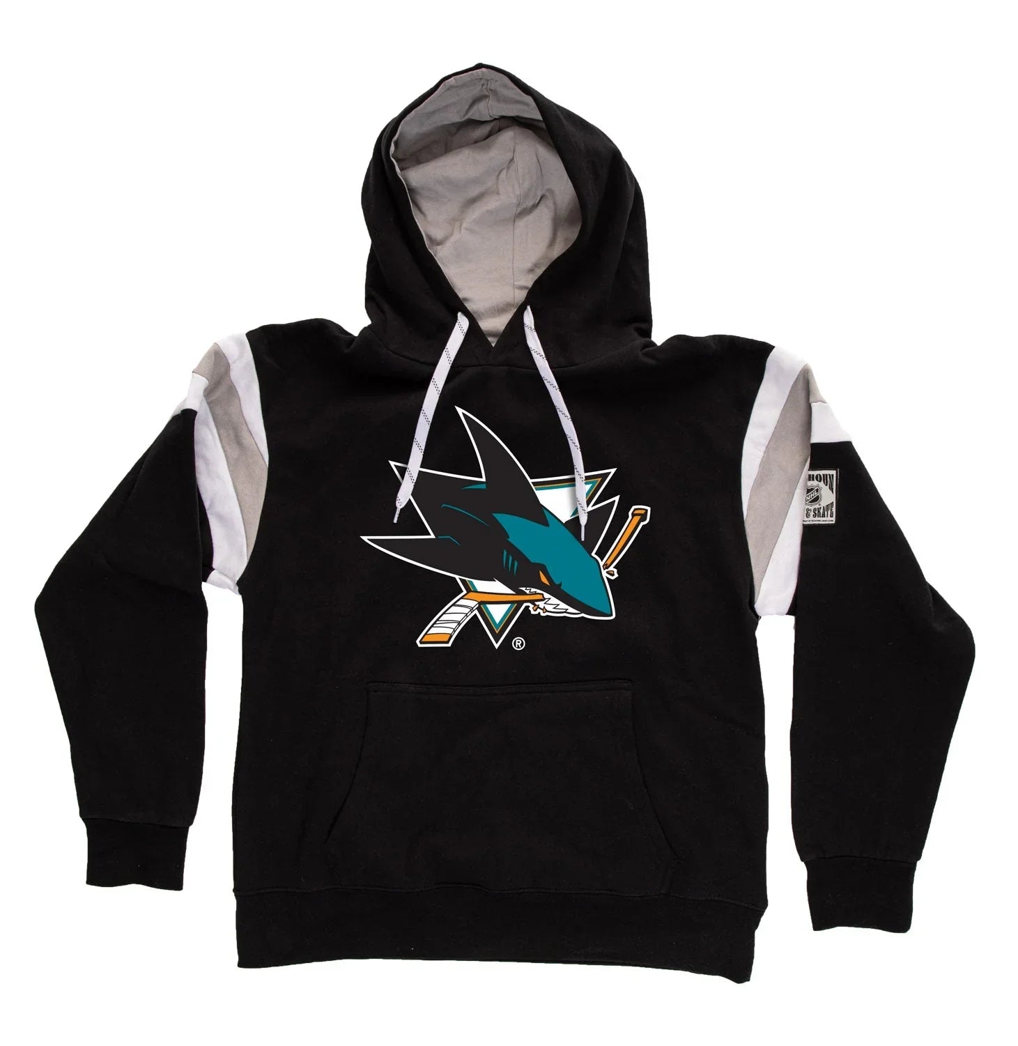 Black San Jose Sharks varsity hoodie with team logo, white drawstrings, and striped sleeves