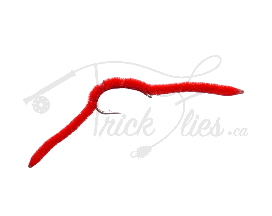 San Juan Worm red fly fishing lure with curved hook on white background