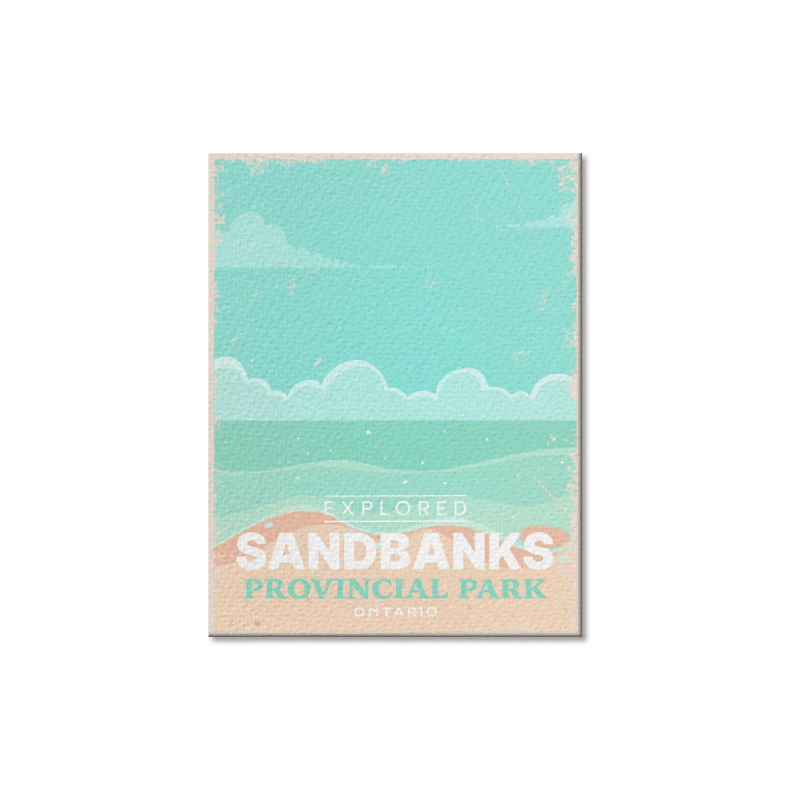 Sandbanks Provincial Park Ontario postcard with stylized beach and sky illustration