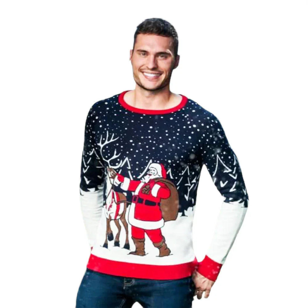 Man wearing Christmas sweater with Santa, reindeer, snow, and trees on white background