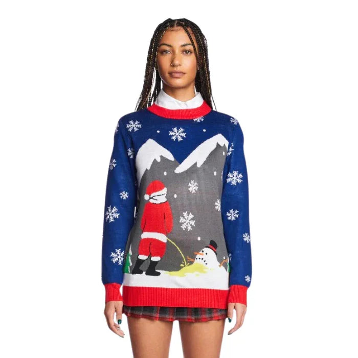 Woman wearing novelty Christmas sweater with Santa urinating on snowman design
