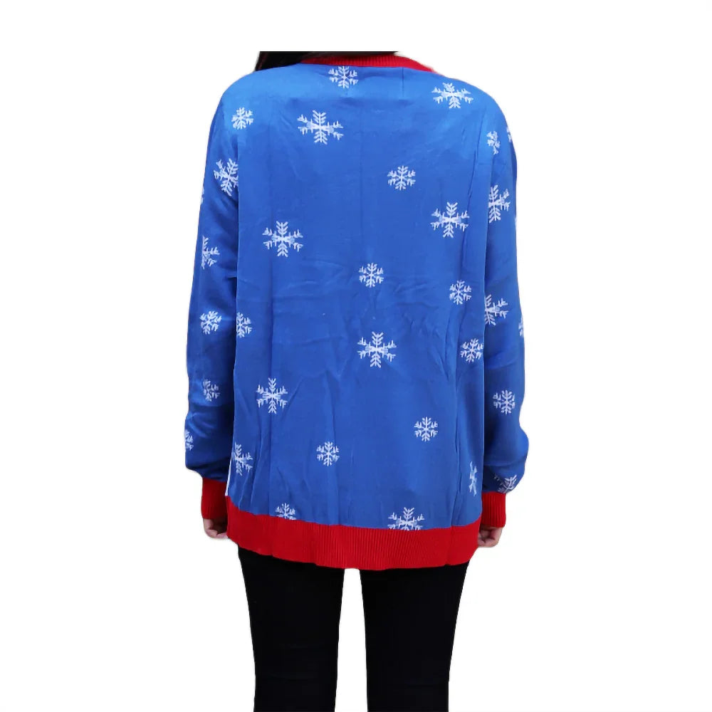 Back view of person wearing blue Christmas sweater with white snowflakes and red trim