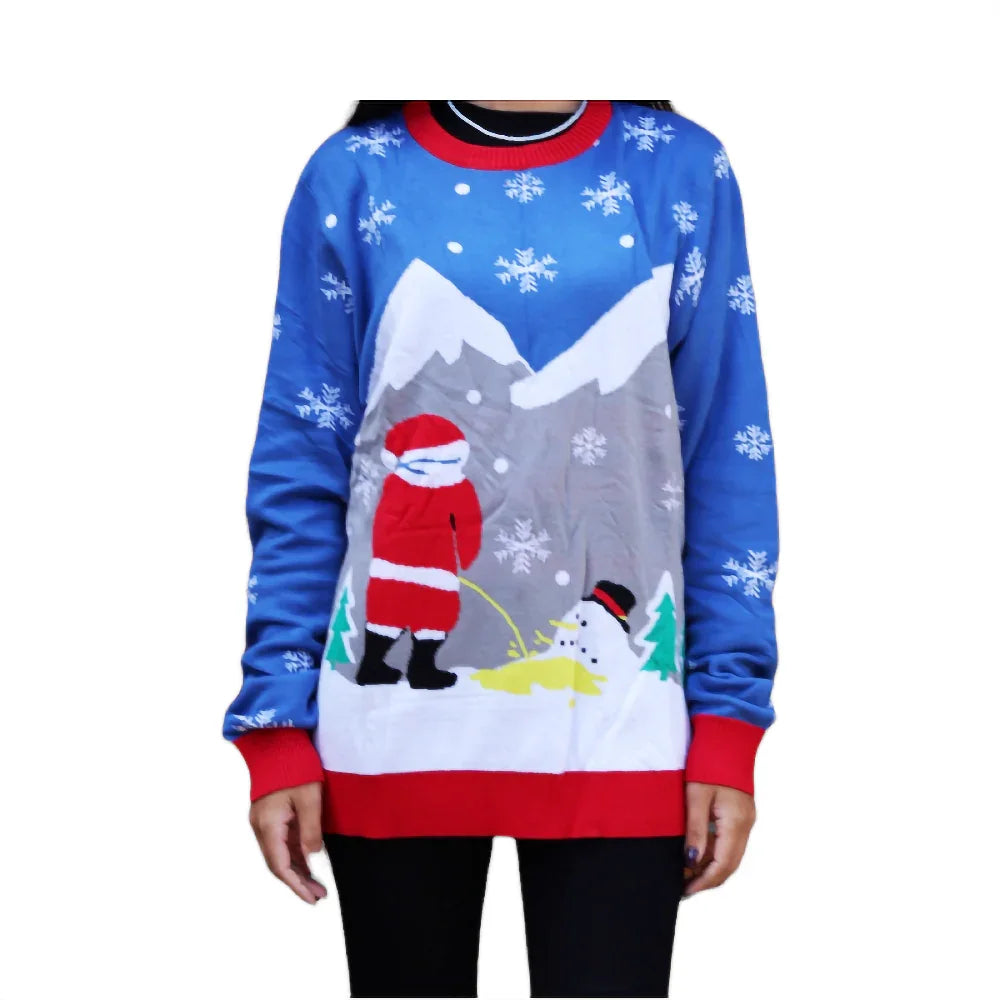 Funny Christmas sweater with Santa Claus peeing on a snowman, snowy mountains background