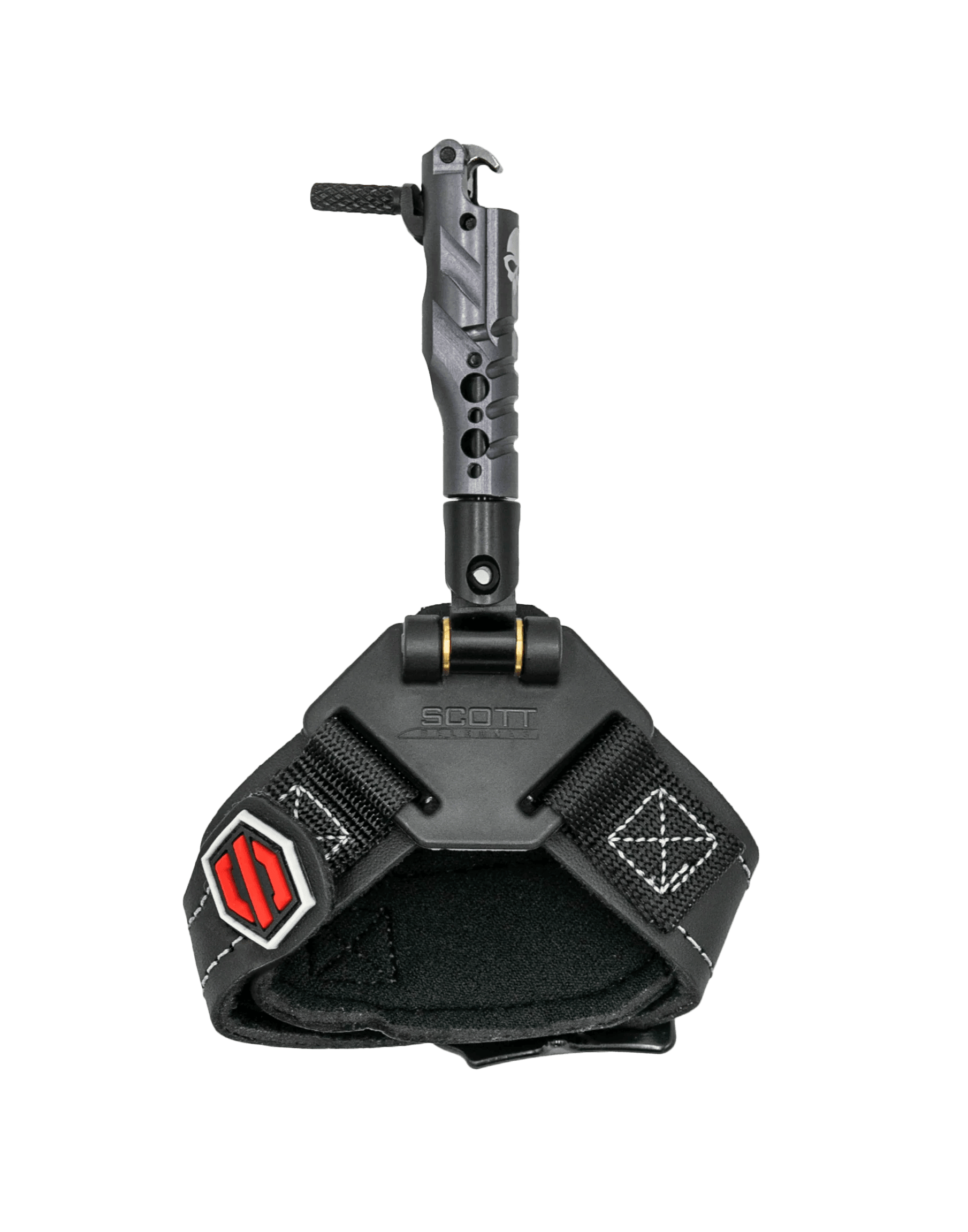 Scott Archery Ghost Release black wrist strap with red logo and camo trigger