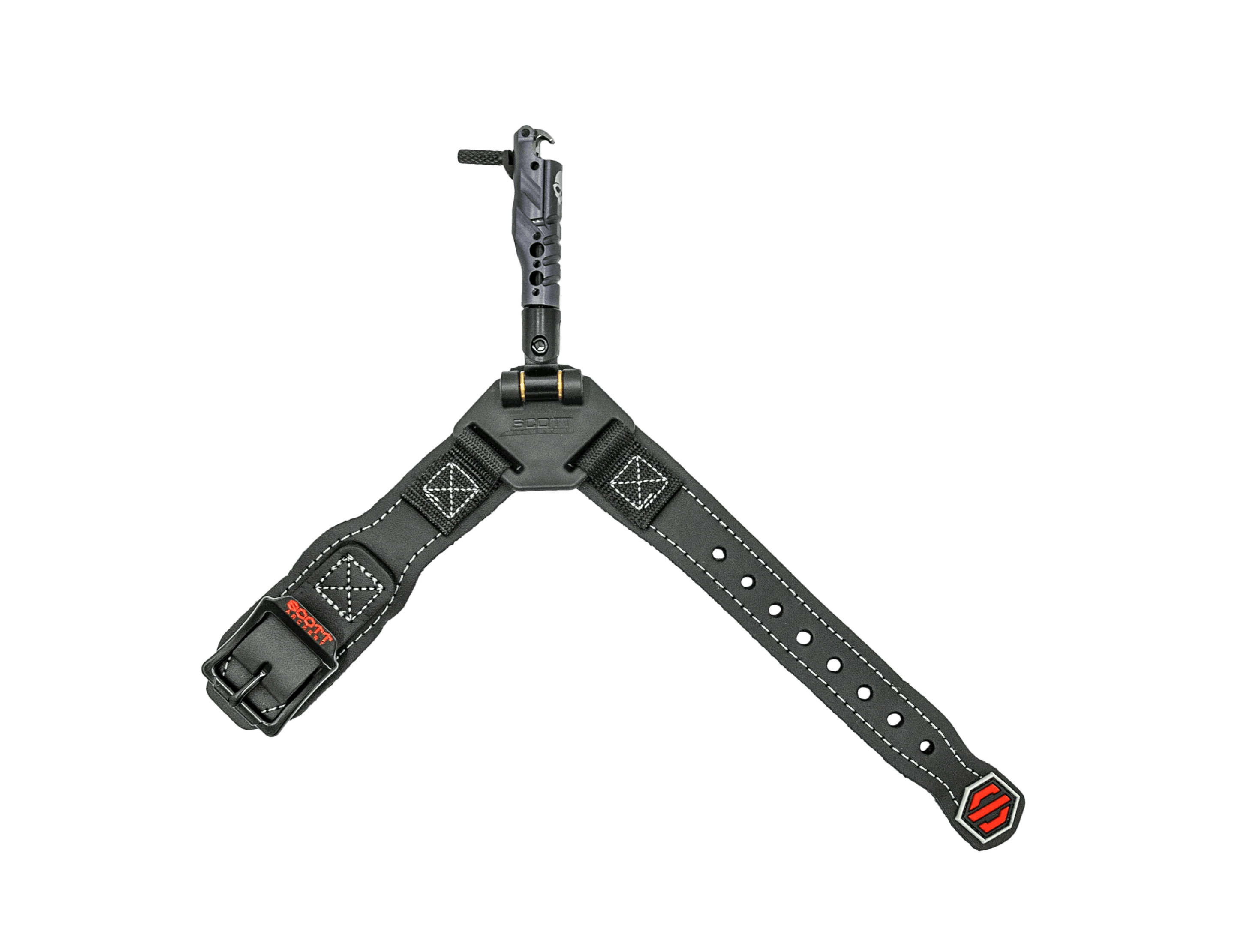 Scott Archery Ghost bow release aid with black wrist strap and buckle on white background