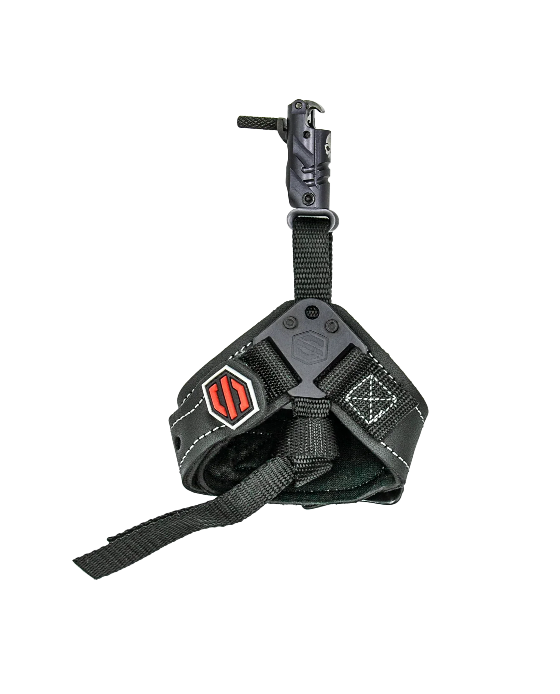 Black SCOTT Ghost NCS archery release aid with wrist strap on black background