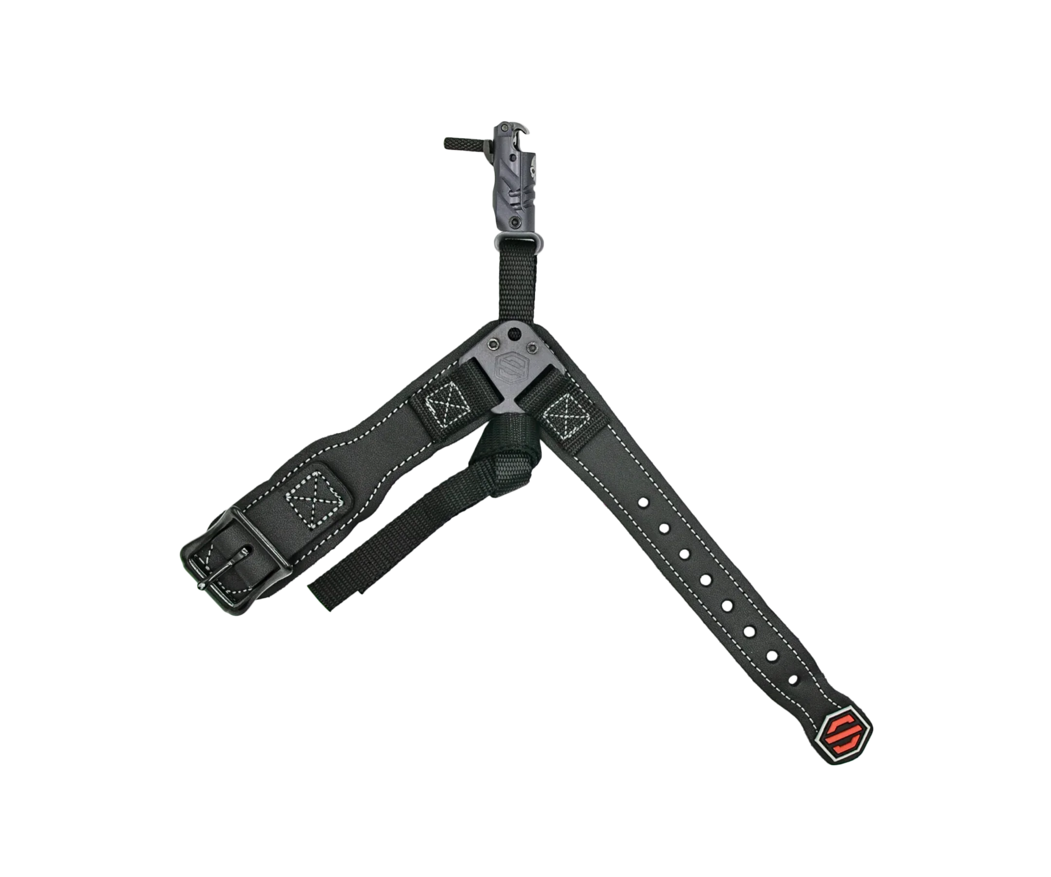 Black SCOTT Ghost NCS archery release strap with red logo and stitching on black background