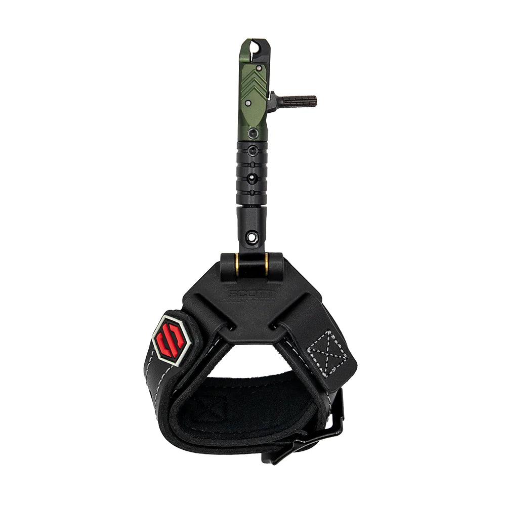 Little Goose archery release aid with black wrist strap and green trigger head