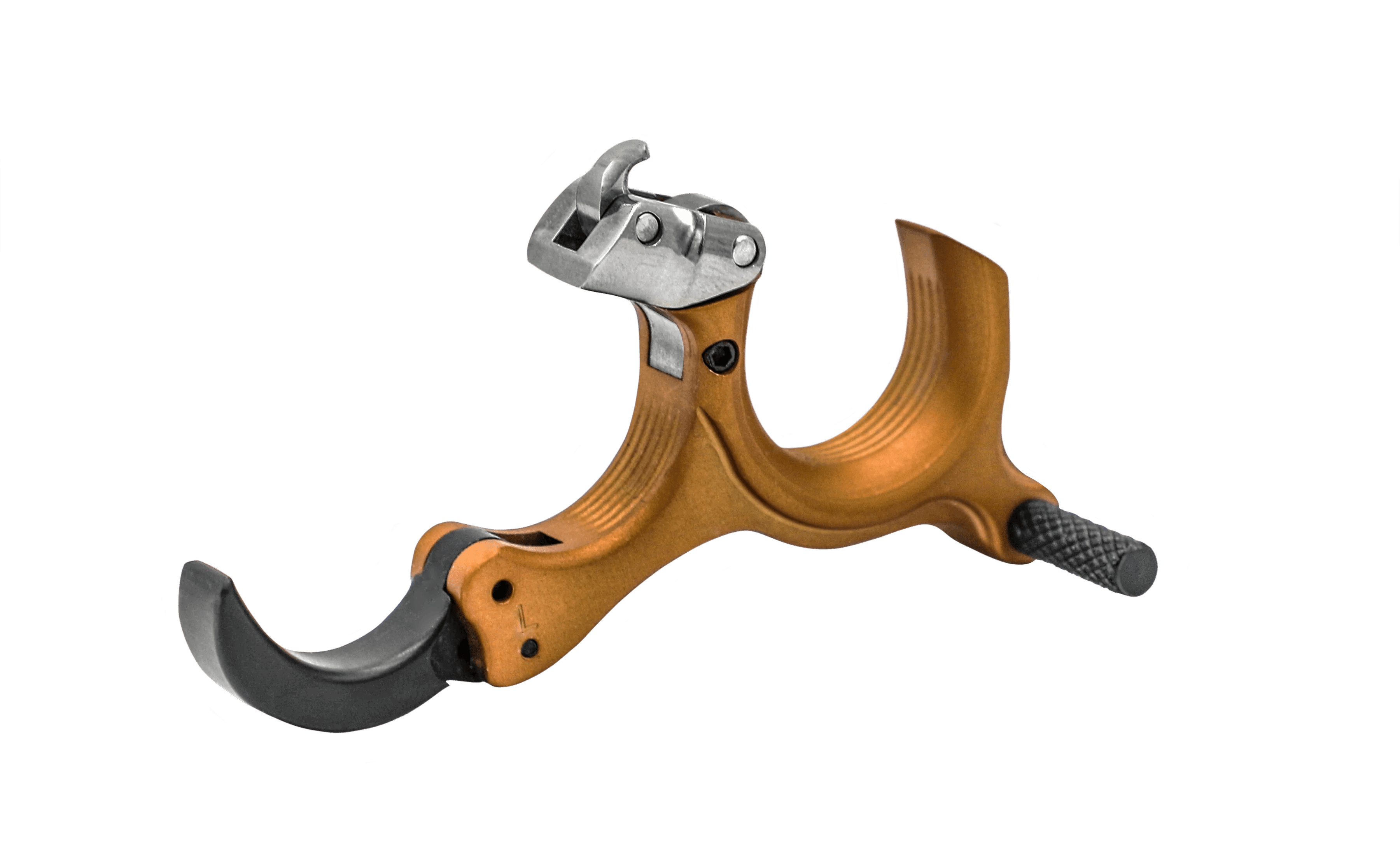 Scott Archery Select release aid, metallic gold and black, on black background