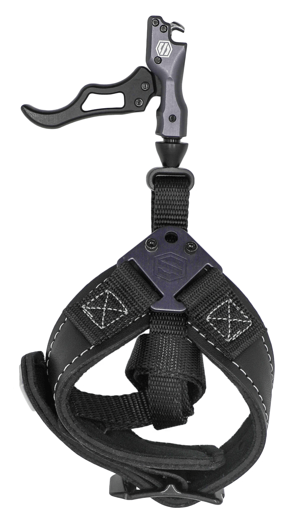 Archery release aid with adjustable black strap and metal trigger mechanism