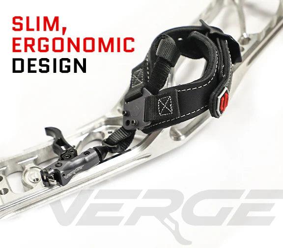 Black archery release aid with wrist strap on silver bow, slim ergonomic design, VERGE logo