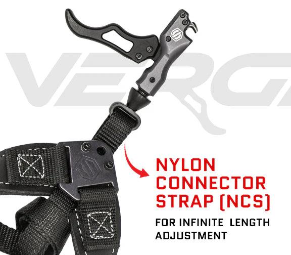 Archery release aid with black nylon connector strap and metal adjustment buckle