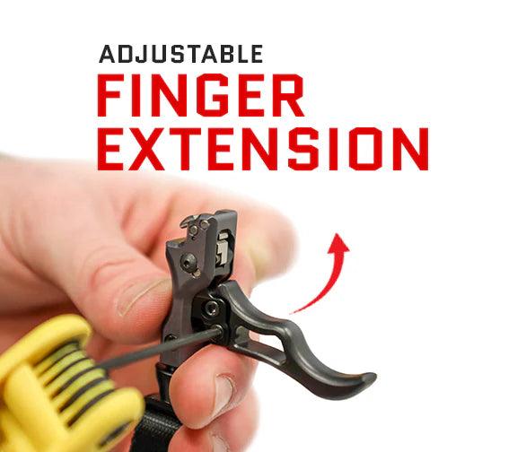 Hand adjusting archery release aid with adjustable finger extension, text overlay shows feature.