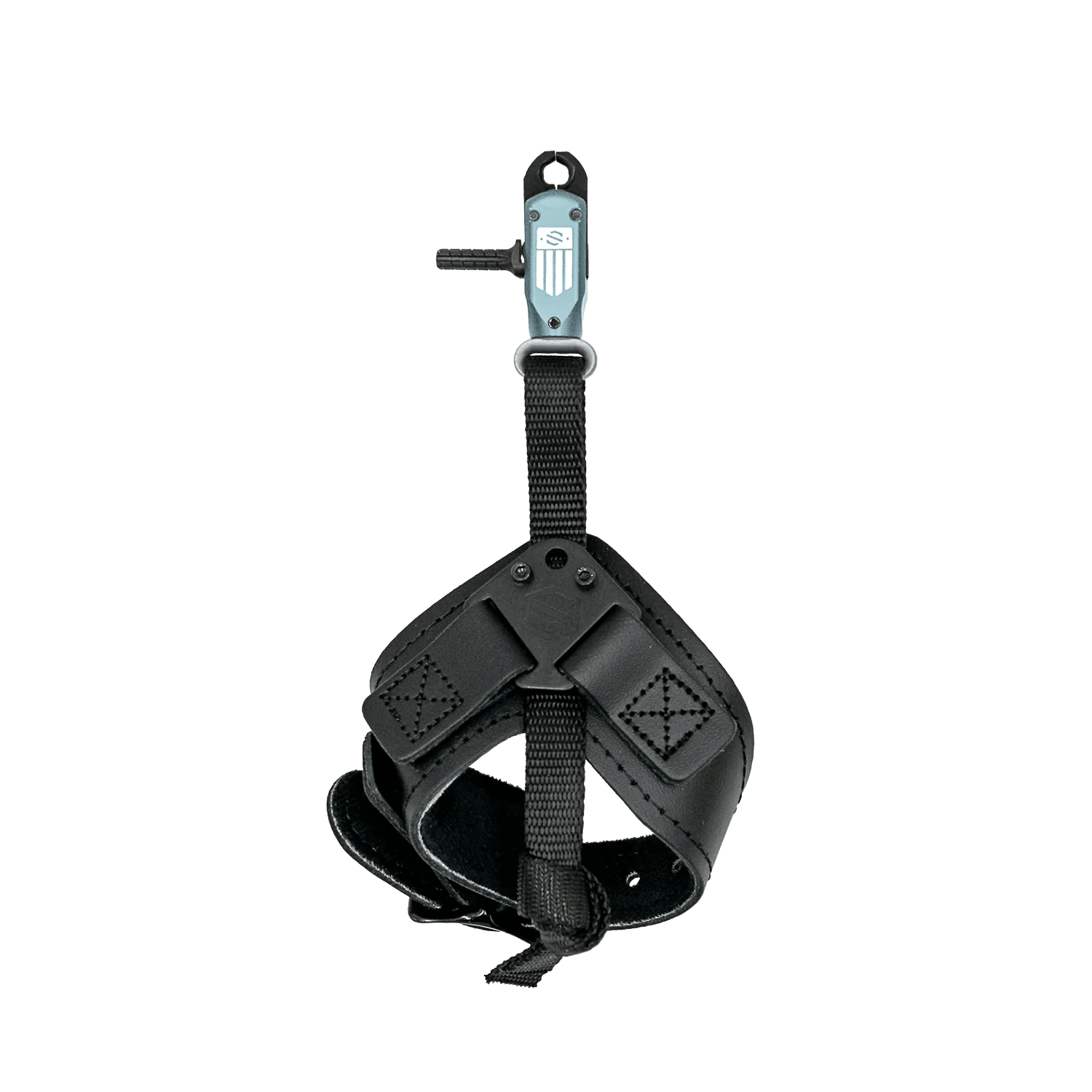 Black archery wrist release aid with adjustable strap and blue trigger on grey background