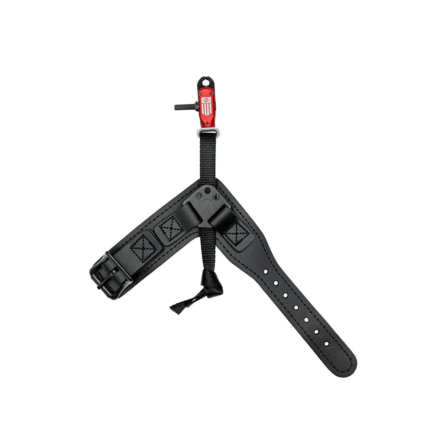 Black adjustable wrist release aid with red trigger for archery, isolated on grey background