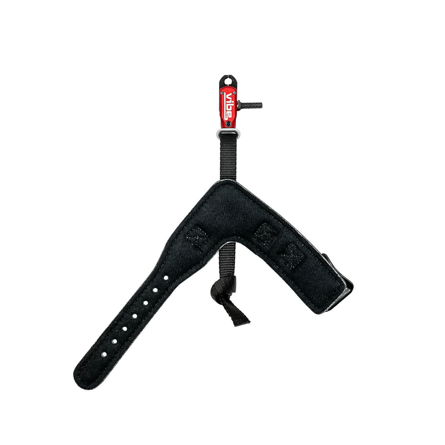 Red Vibe archery release aid with black adjustable wrist strap on grey background