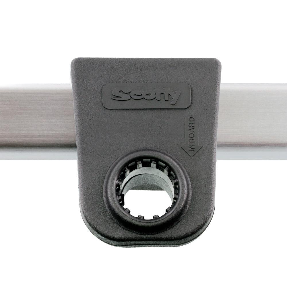 Scotty 1-1/4 square rail mount in black plastic on metal rail, outdoor accessory hardware