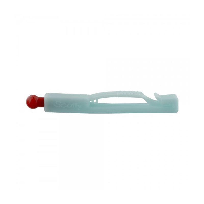 Scotty downrigger release clip with red tip on white background, fishing accessory