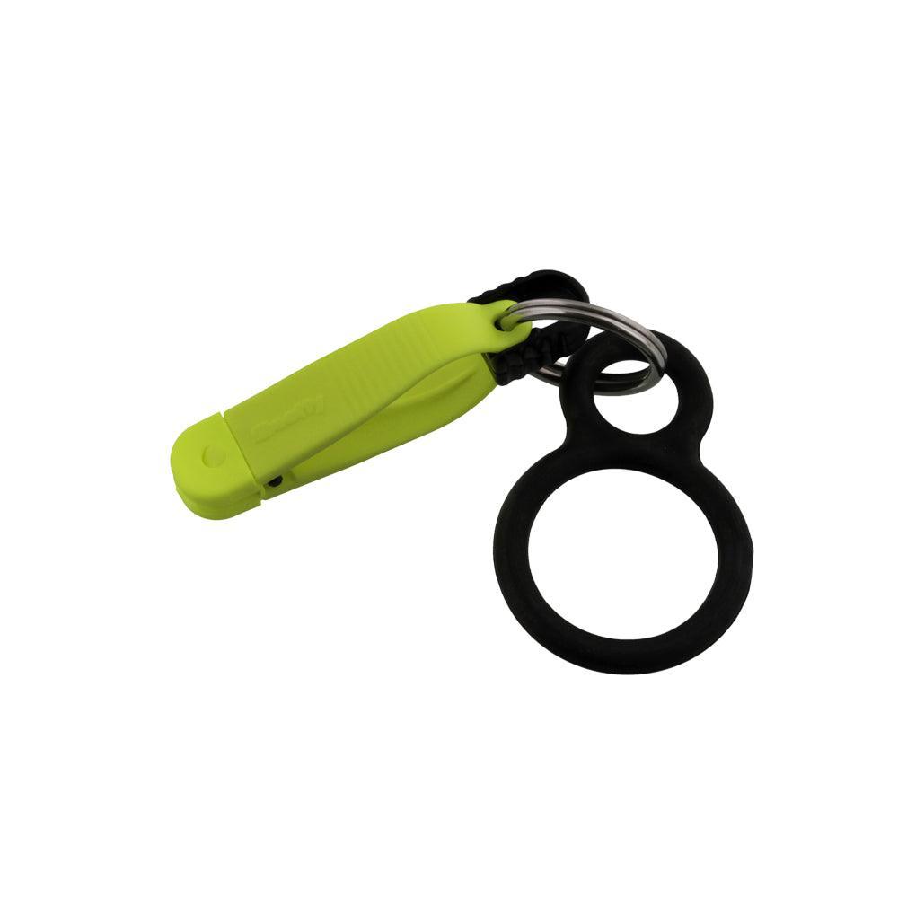 Scotty Net Minder fishing accessory with bright green clip and black ring on white background