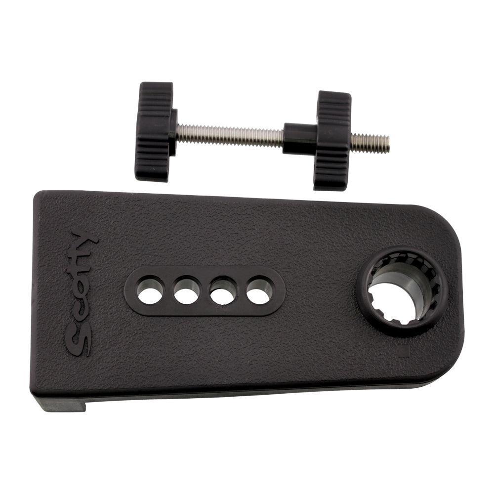 Scotty oarlock mount with bolt, black plastic kayak accessory on white background