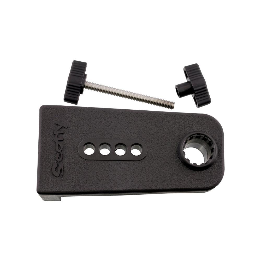 Scotty Oarlock Mount in black plastic with bolts, kayak accessory on white background