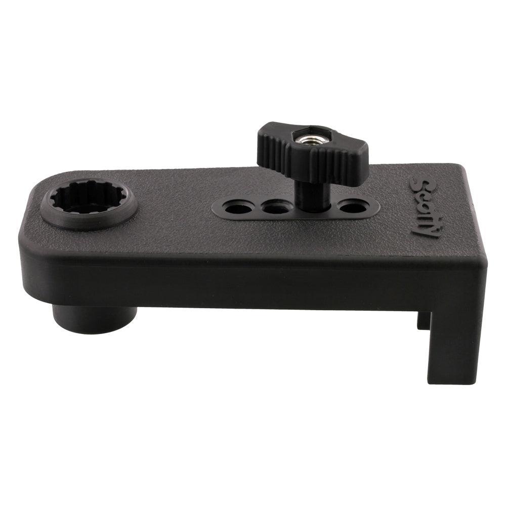 Scotty Oarlock Mount black plastic bracket with adjustable knob on white background