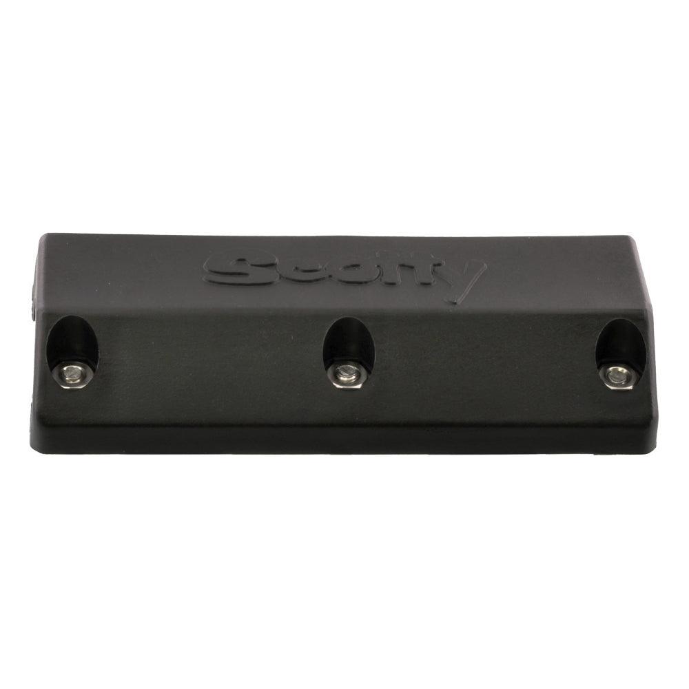Black Scotty rectangular mounting bracket with three screw holes on white background
