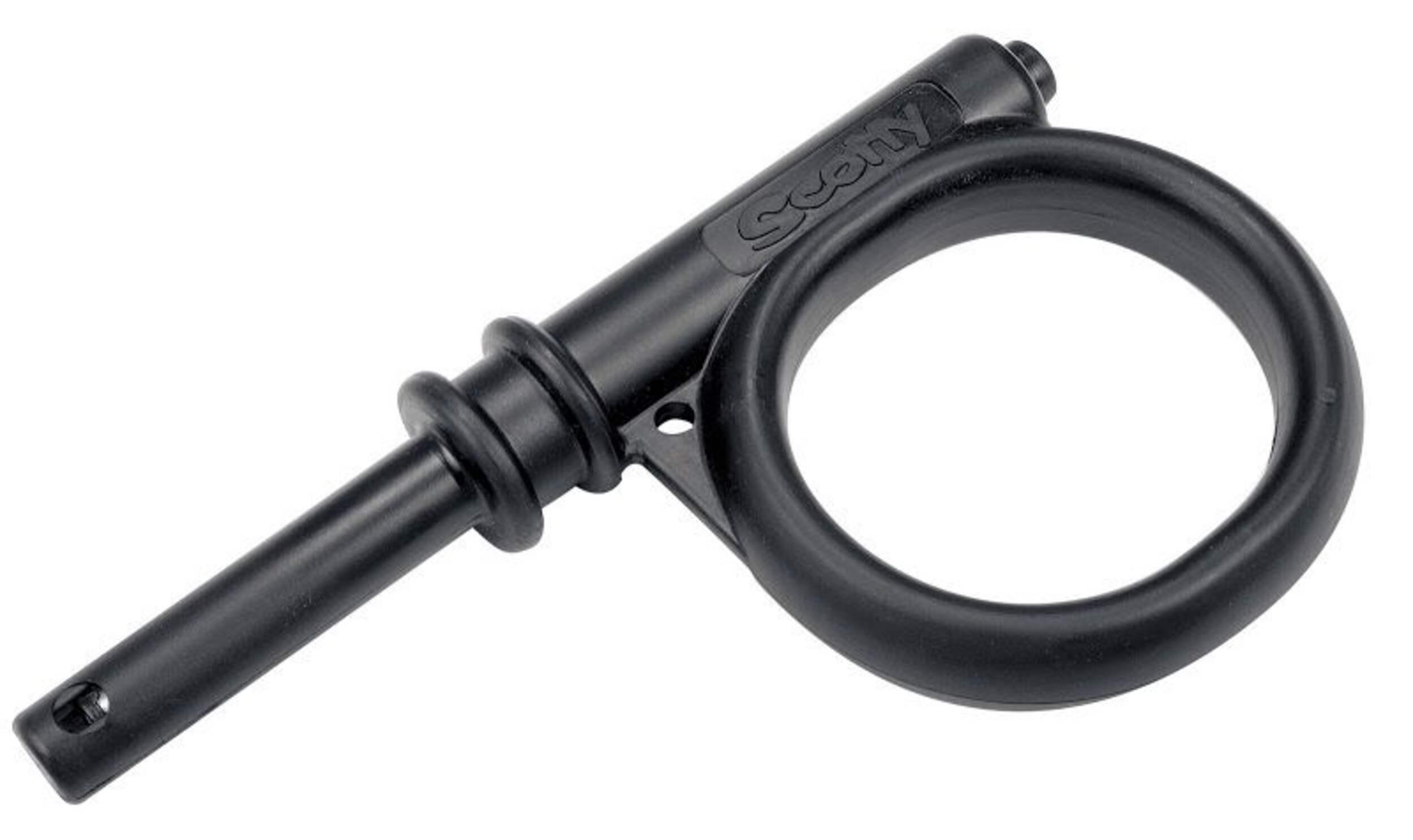 Black Scotty oar lock with circular ring and Scotty branding on white background