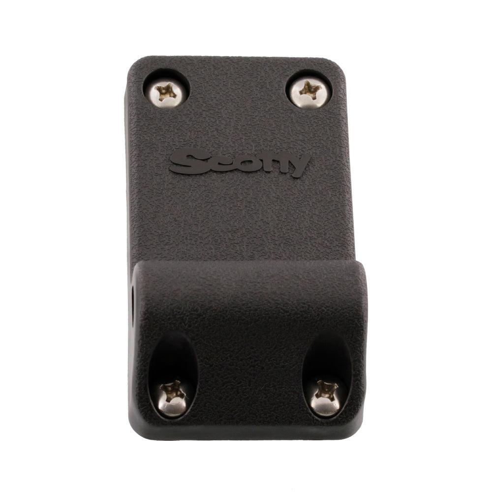 Scotty tilt-up mounting bracket, black plastic with four screws, close-up on white background