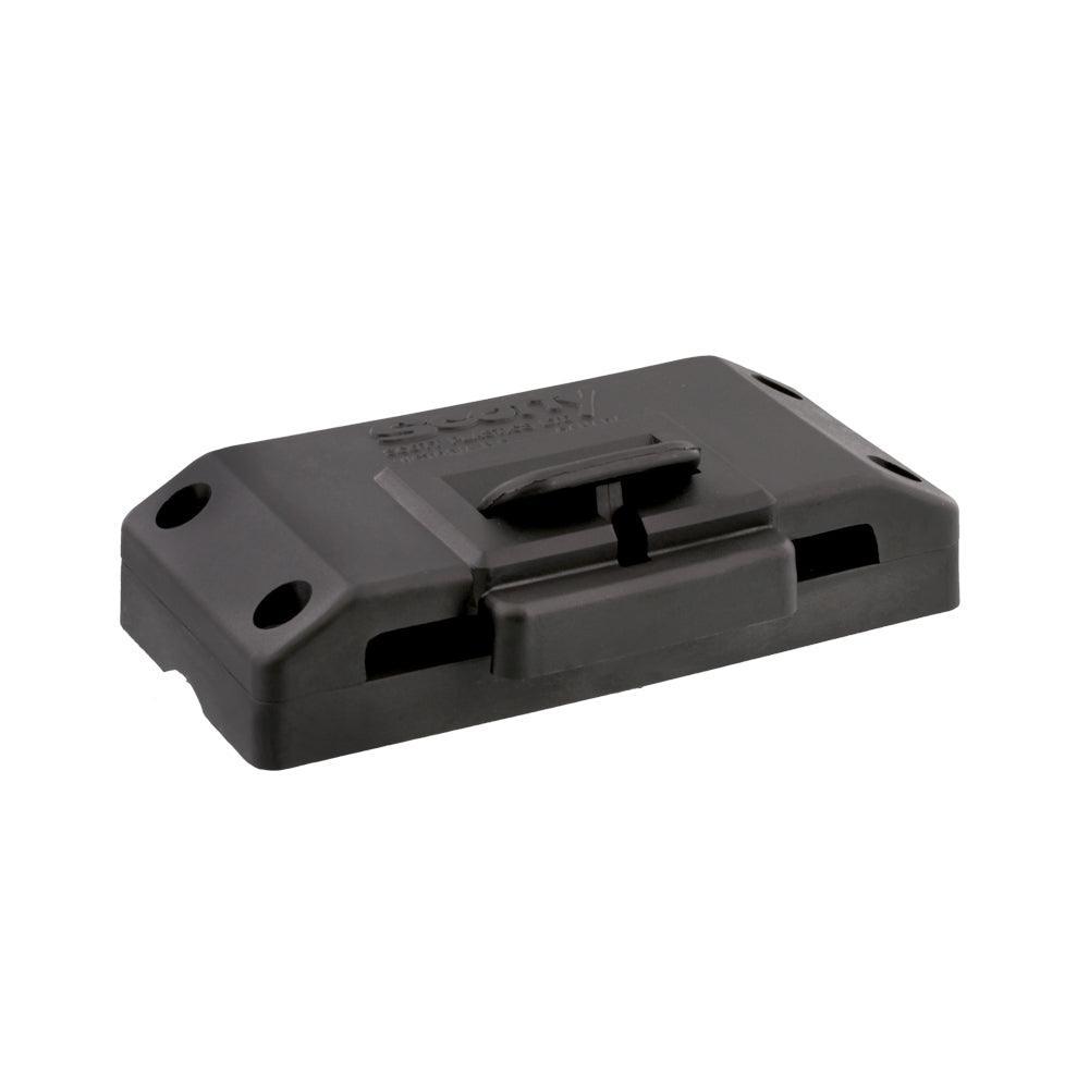 Scotty Triggerlock mounting bracket, black plastic, with four screw holes, on white background