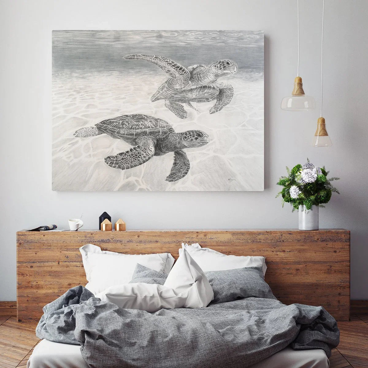 Sea turtles illustration wall art above rustic bed in cozy modern bedroom