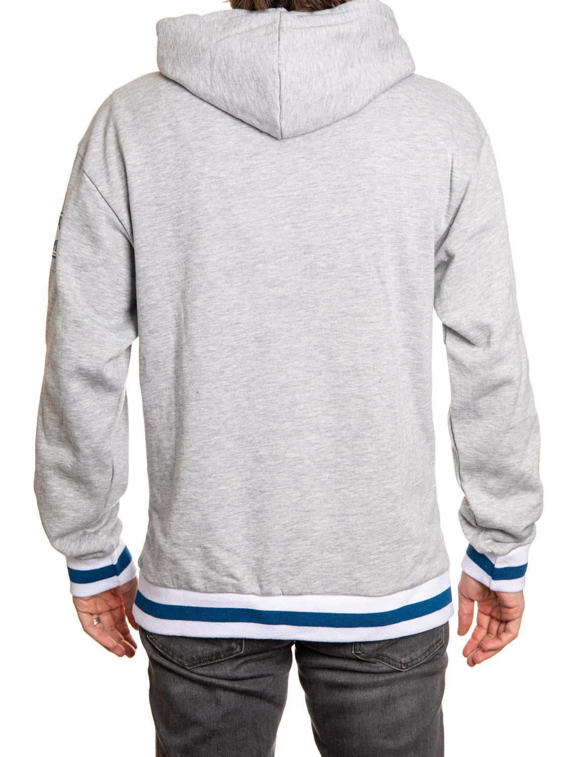Back view of a gray hoodie with blue and white striped cuffs and waistband