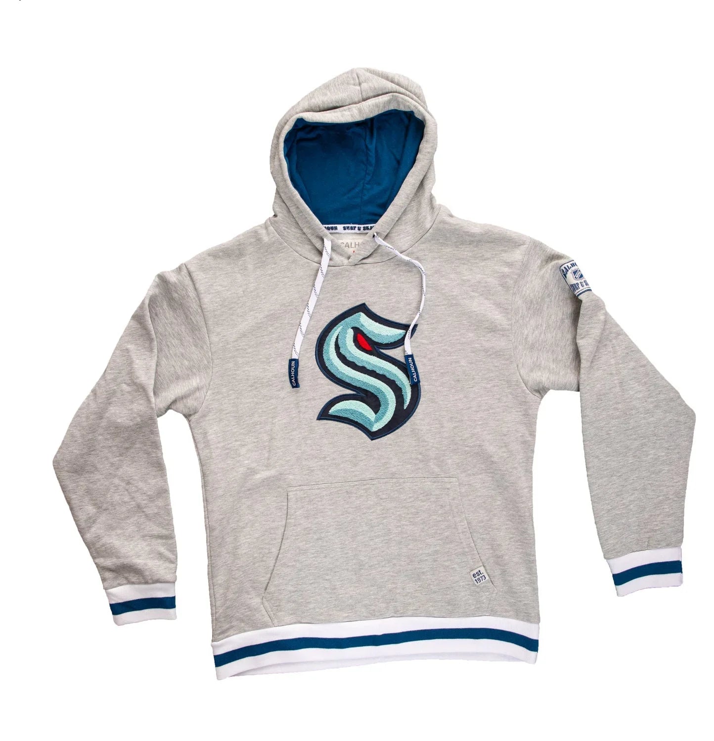 Light gray Kraken chenille hoodie with blue logo, front pocket, and striped cuffs