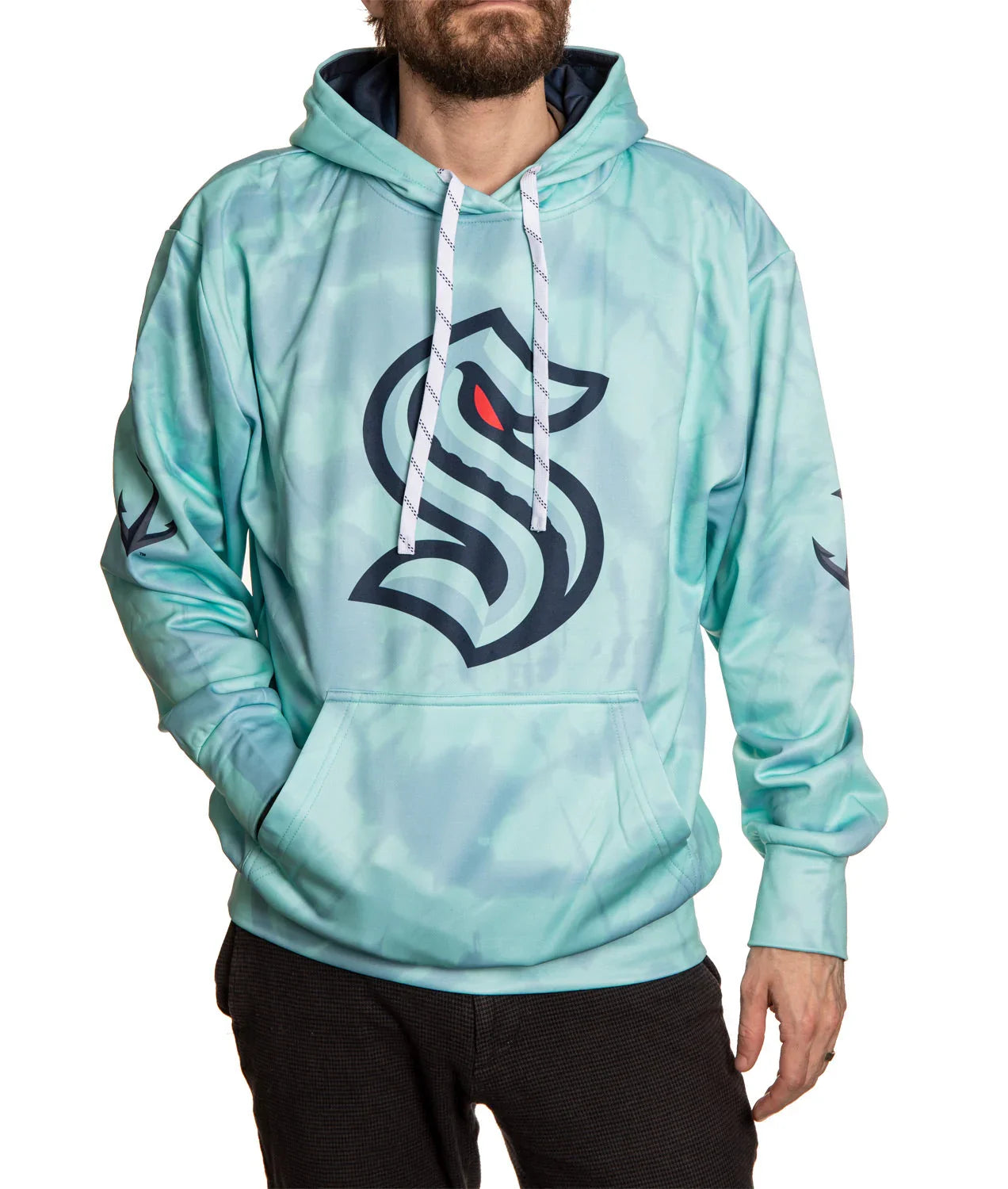 Man wearing aqua Seattle Kraken sublimated hooded sweatshirt with team logo