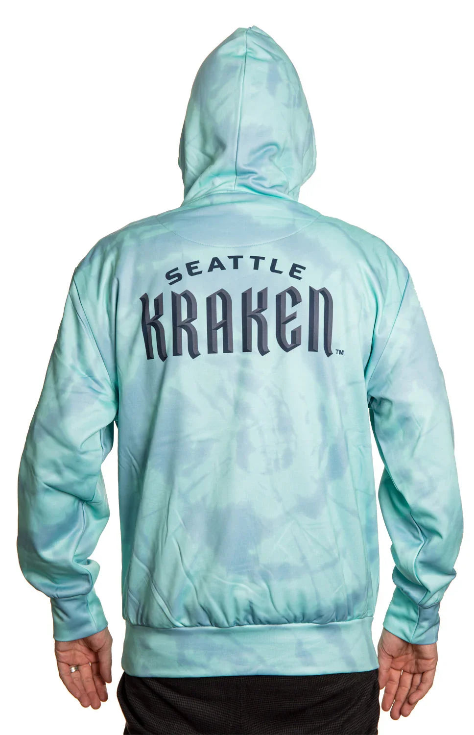 Seattle Kraken teal sublimated hoodie with large back logo, shown on person from behind
