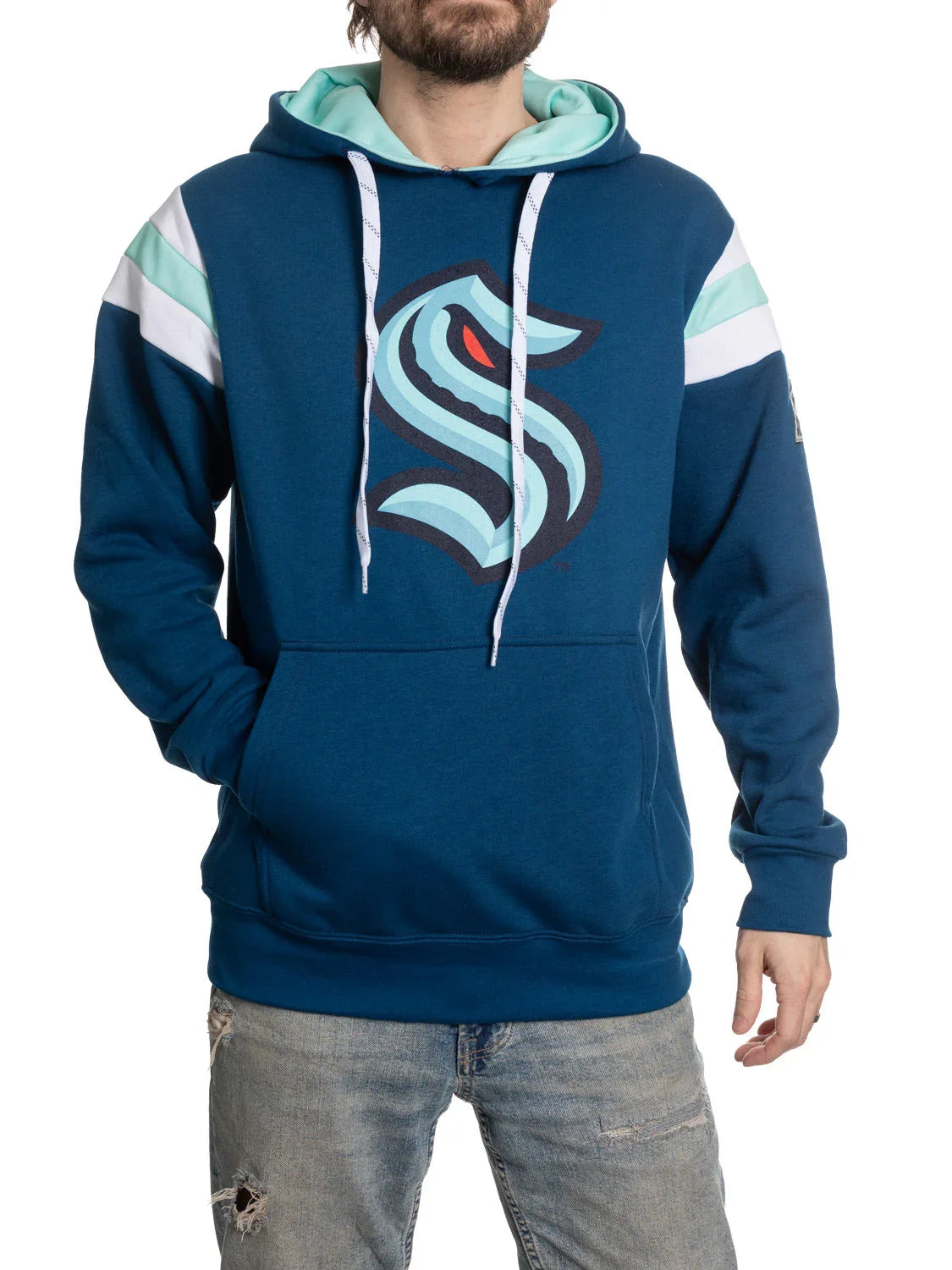 Seattle Kraken varsity hoodie in blue with team logo, white drawstrings, and striped sleeves
