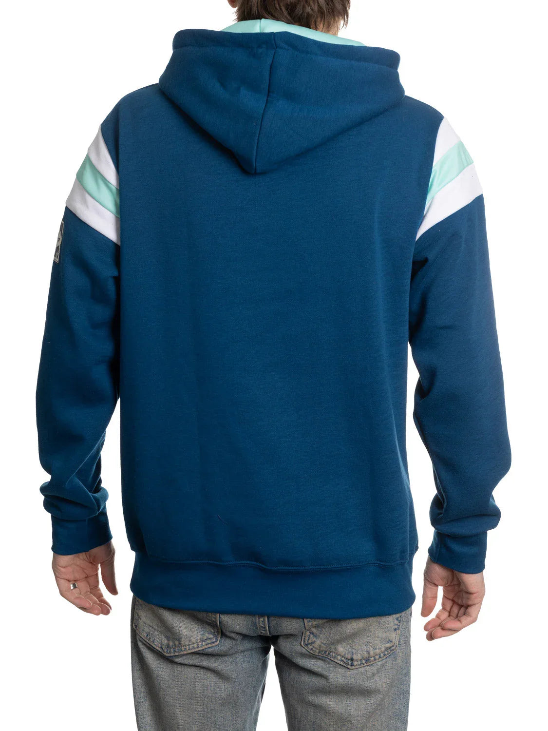 Back view of Seattle Kraken varsity hoodie with blue, white, and teal sleeve stripes